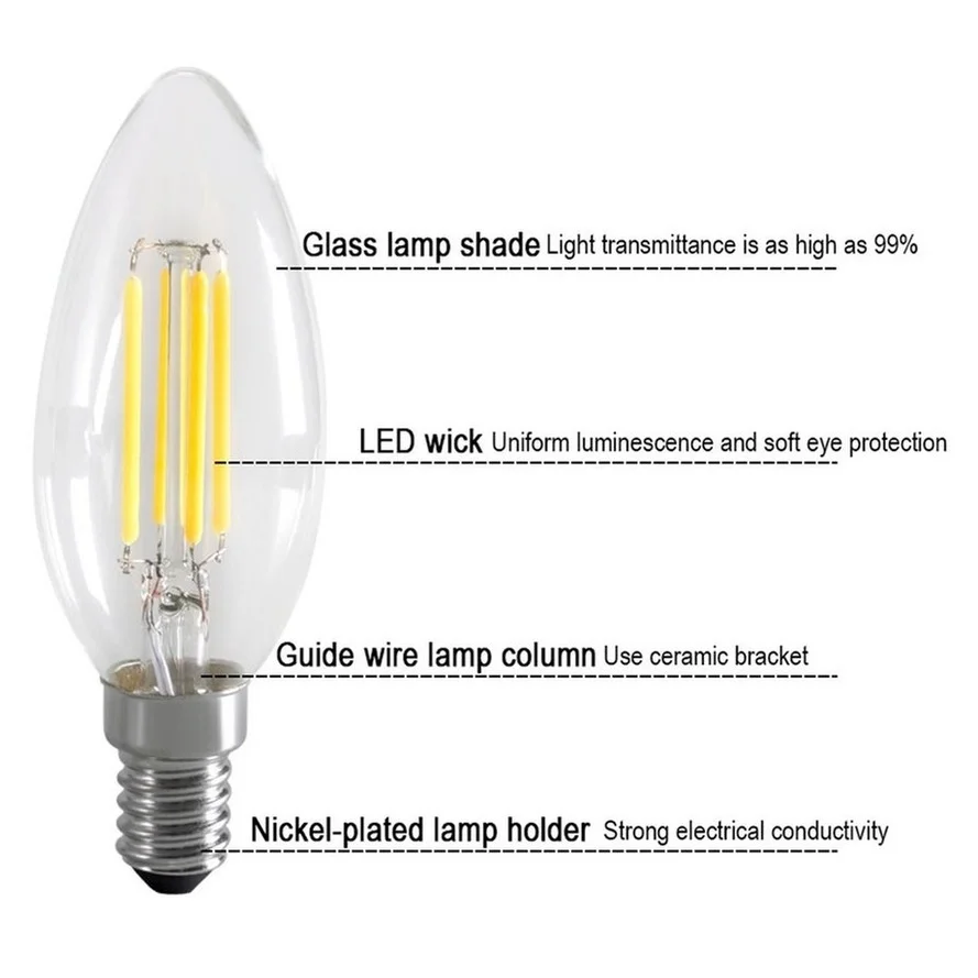 RnnTuu E14 LED Filament C35 Lamp C35L Dimmable Glass Candle Bulb 220V 2W 4W 6W Replace Halogen Light Chandeliers