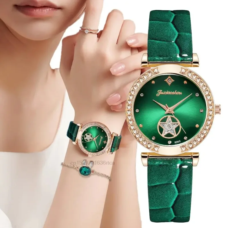 

Luxury Women Fashion Green Watches Qualities Studded Quartz Watch Ladies Leather Wristwatches Elegant No Bracelet Reloj Mujer