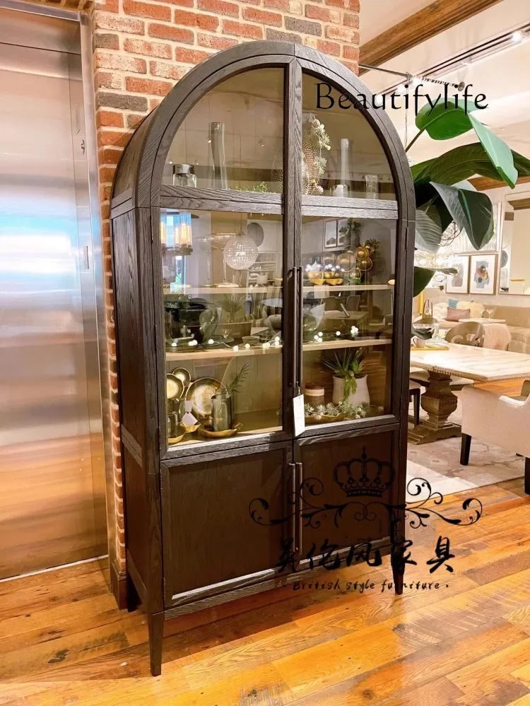 

American-Style Solid Wood Arched Black Bookshelf Cabinet French Retro Glass Door Display Sideboard Cabinet