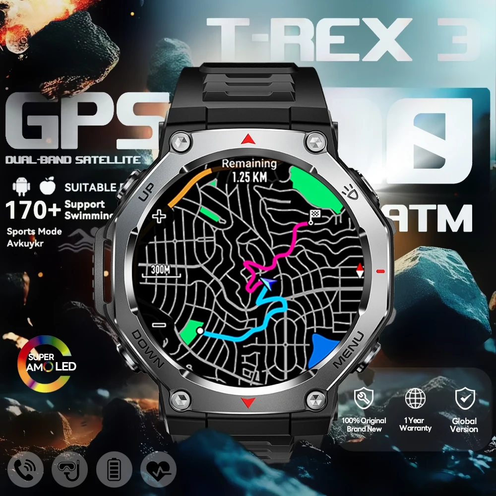 

2026 Новые военные уличные смарт-часы T-Rex 3, мужские, 1,43-дюймовый AMOLED-дисплей, 10 АТМ, водонепроницаемые, 525 мАч, аккумулятор, GPS, умные часы для мужчин