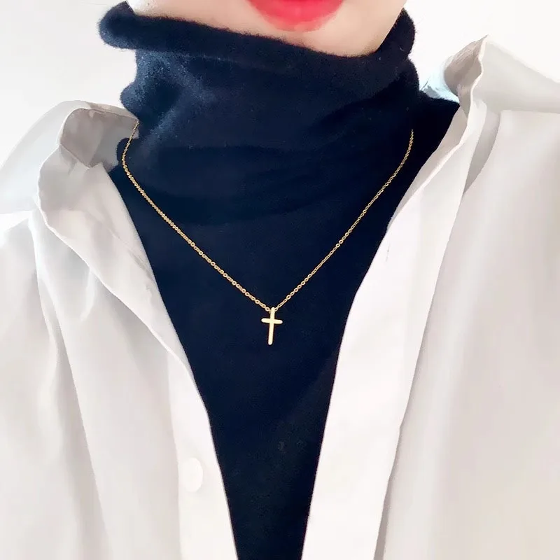 Classic Fashion Gold Color Stainless Steel Double-layer Cross Pendant Necklaces for Woman Korean Collarbone Chain Jewelry Gifts