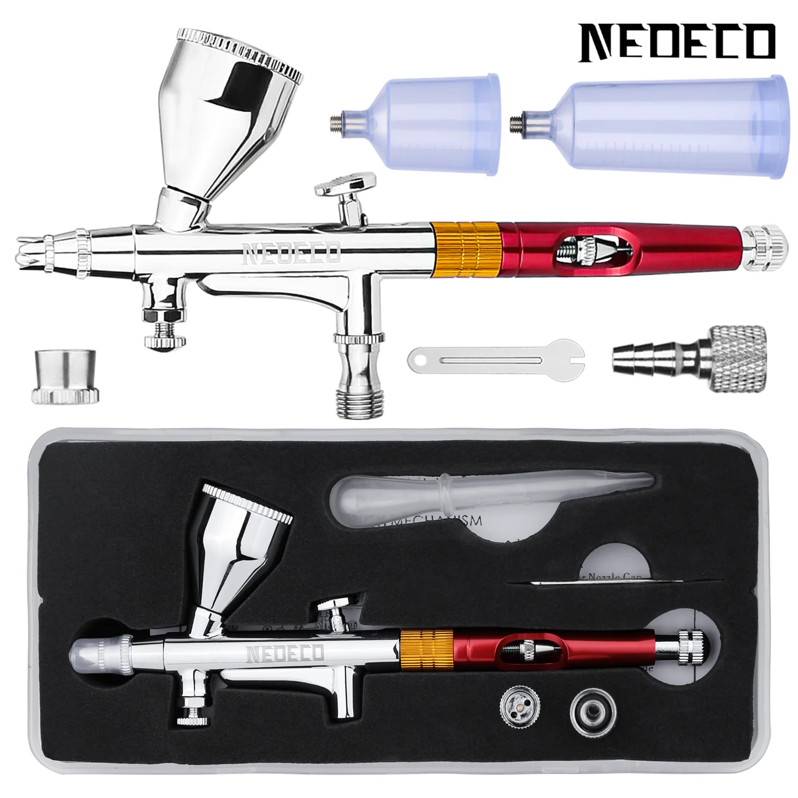 NEOECO NCT-208K Dual Action Airbrush 9cc 1/3 oz Fluid Cups with 20cc 40cc cups Crown caps Air brush kit Gravity Feed Set