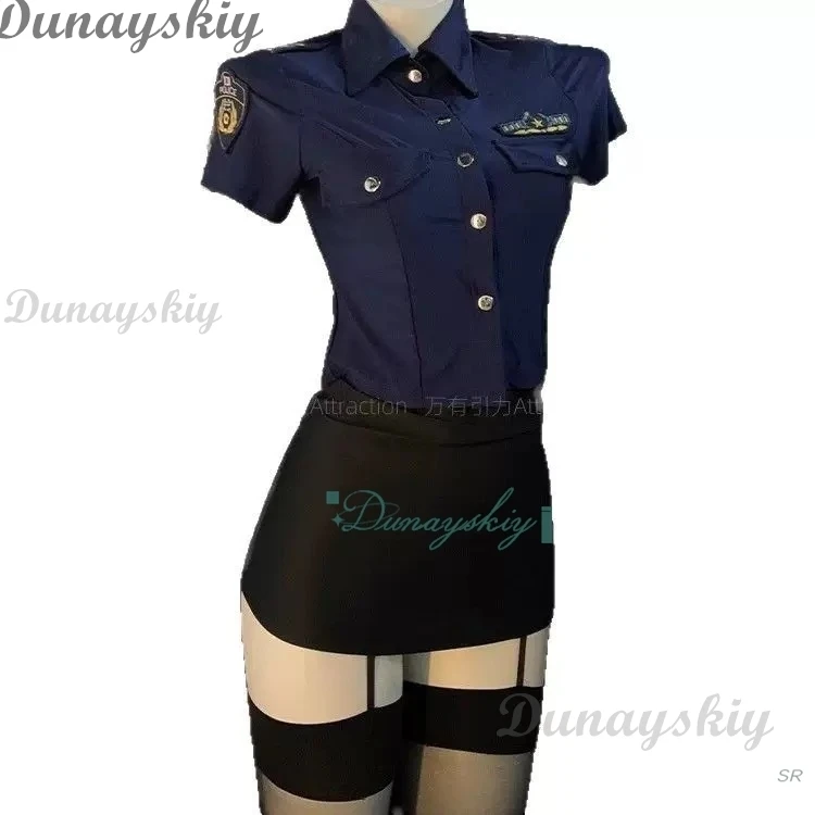 نساء ضابط الشرطة/مضيفة طيران تأثيري طوق تنورة الحرير الأسود Strappy الجوارب قميص هالوين هدية عيد الحب