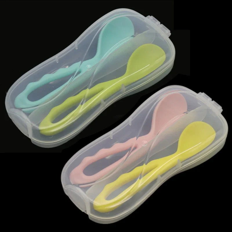 Spoon Fork Set with Storage Box for Toddler Baby Boy Girl Bendable Solid Color Spoon Fork Utensils Newborn Baby Feeding Stuff