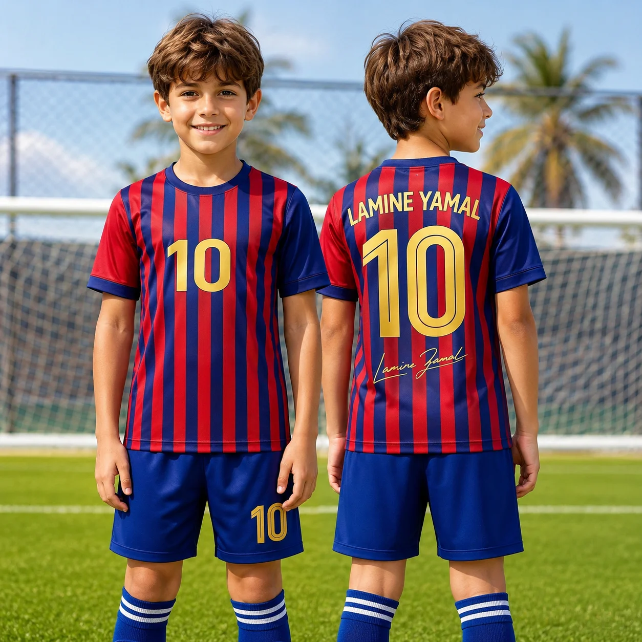 2 Piece Set Yamal #10 Personality Striped Football Jersey T-Shirt Family Matching Set Breathable Special Kit for Adults Children