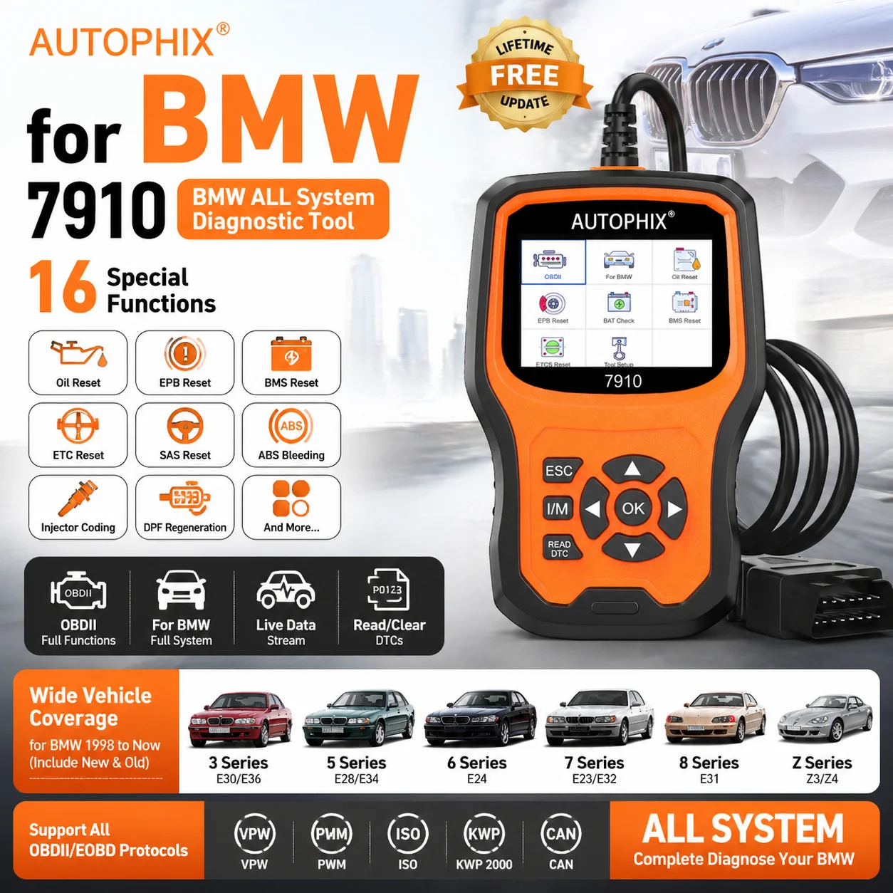 OBD2 Diagnostic Scanner for BMW All System Scan Tool Oil Reset ABS Airbag TPMS Battery 7910 for Mini Rolls Royce