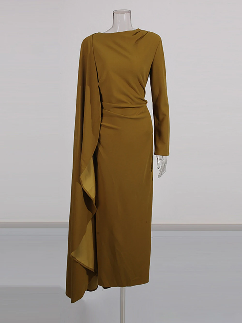 Modphy Cape Style Design Long Sleeved Waist Cinched Long Dress 2025 Autumn New Women'S Solid Elegant Clothing