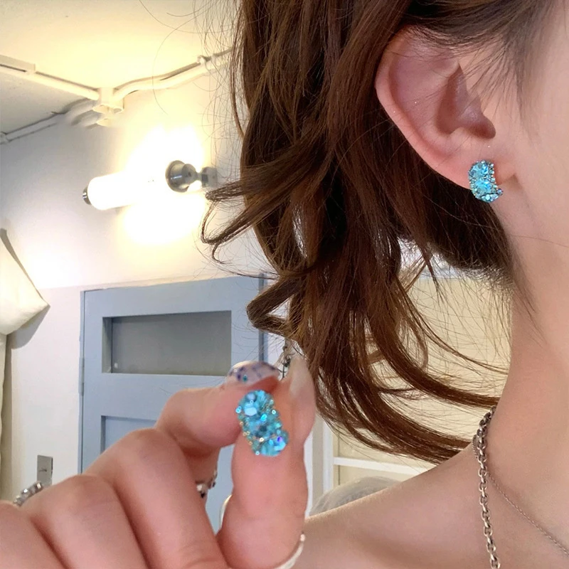 Crystal Flower Blue Fresh Vacation Style Light Luxury High-End Earrings Women Party Trendy Fashion Earring Versatile Exquisite