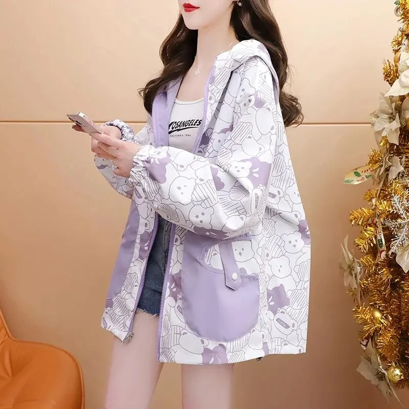 

Womens Spring Print Jacket Wear It On Both Sides Coat Positive And Negative Coat Female Casual Korean Loose Zipper Windbreaker