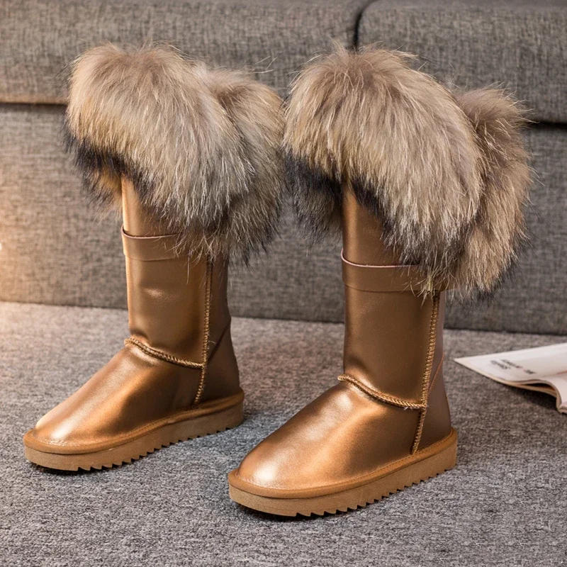 Luxury Winter Women Boots Natural Fox Fur Snow Boots Genuine Leather Mid-calf Boots Cow Anti-slip Waterproof Warm Flat Boots