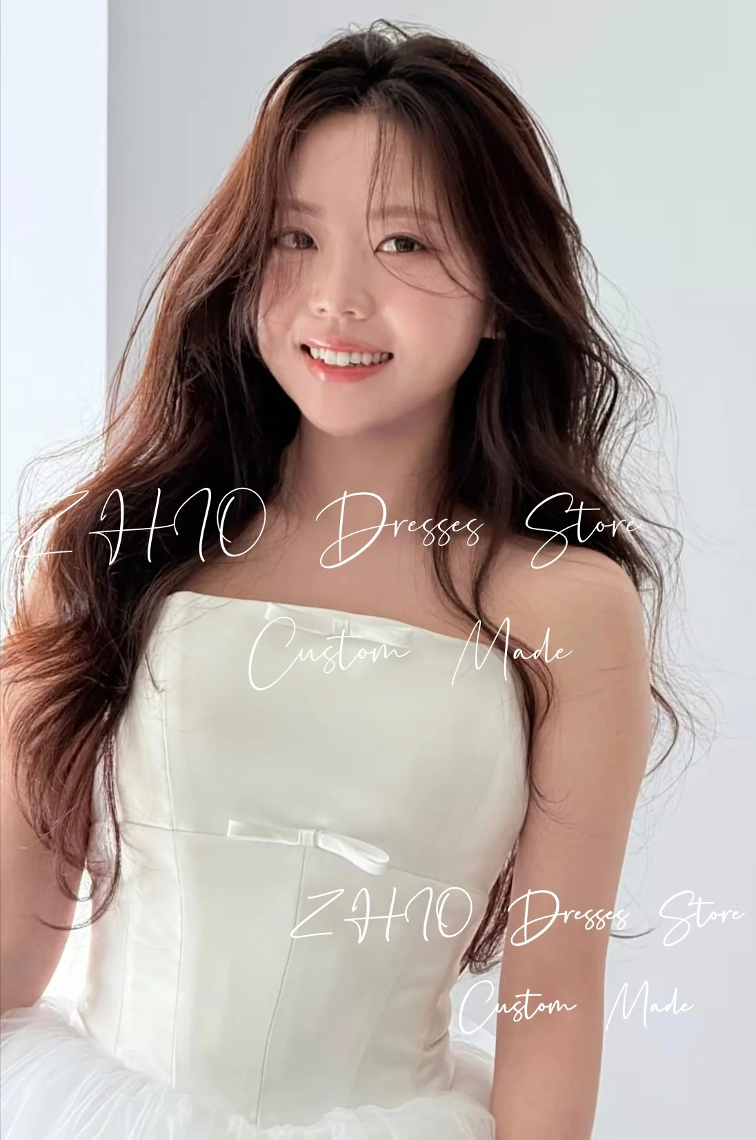 ZHIO Princess White Wedding Dress Strapless Bow Satin Fluffy Tulle Korea Photo Shoot Bridal Reception Gown Cutsom 웨딩드레스
