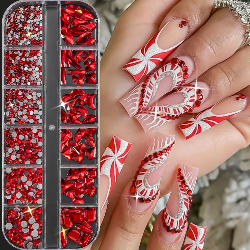 12Grids 3D Red Valentine's Day Nail Art Rhinestones Random Shape Glass Diamond Nails Decorations Mixed Gems Manicure Accessories