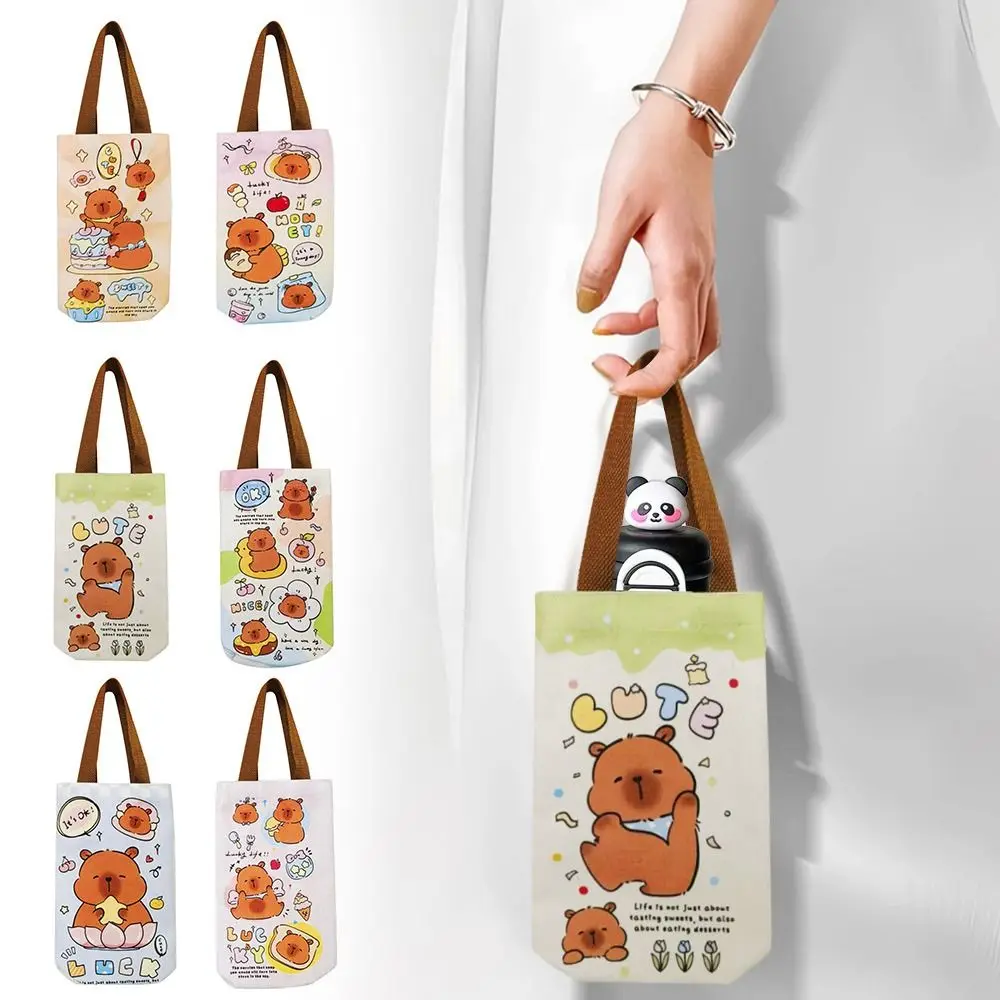 Portable Universal Capybara Cup Cover Large Capacity Canvas Thermos Cup Bag Cartoon Pattern Tote Bag