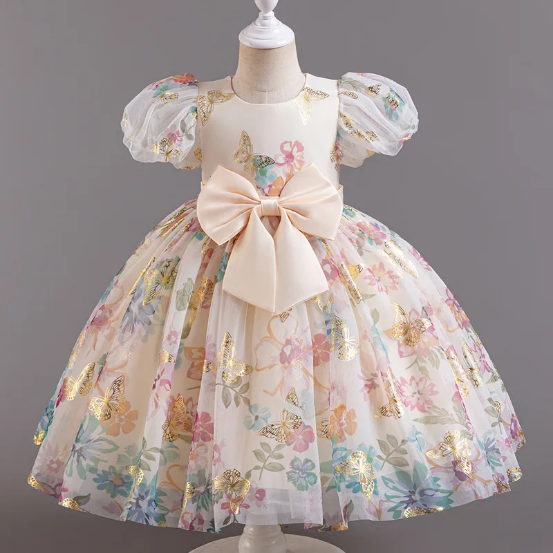 

1-6 Year-Old Children Printing O-neck Princess Mesh Pleated Skirt Wedding Dress Summer Gilrs Puff Sleeve Bow Dress 2024