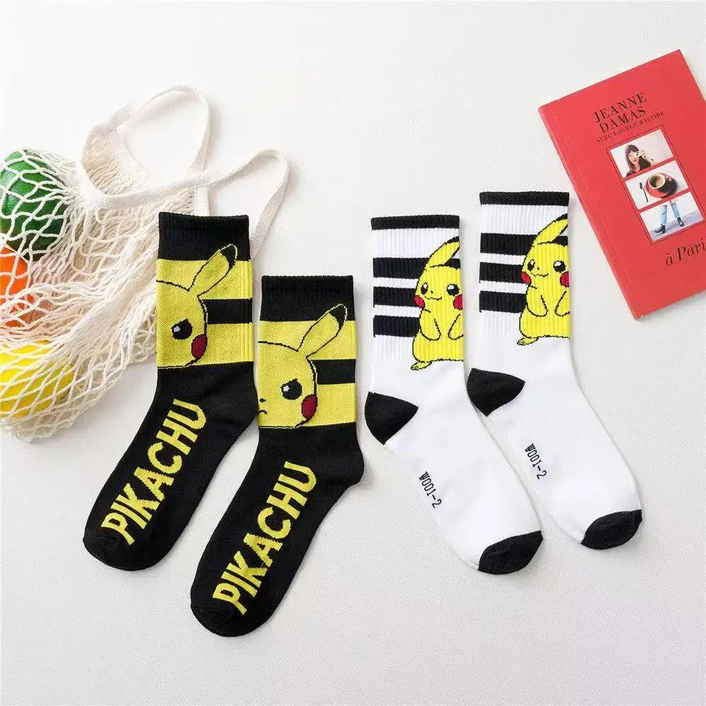 2 Pairs of Pocket Monsters Pikachu Crew Socks Harajuku Cartoon Printed Neutral Cotton Socks Black and White Striped Casual Socks