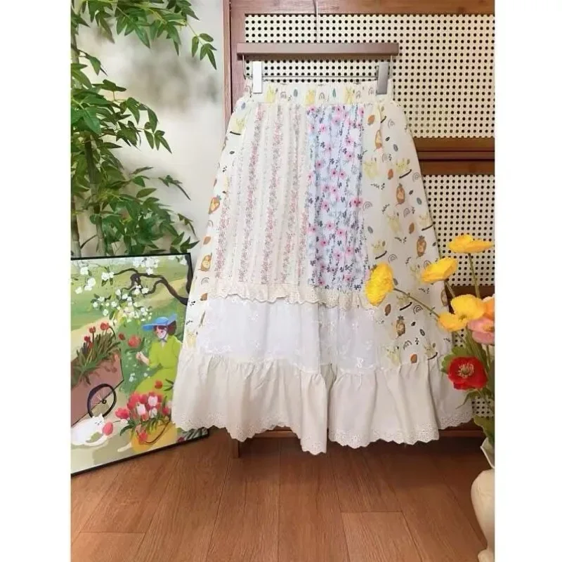 New Summer Fashion Flower Print Skirt Women Splicing Elastic Waist Lace A-line Sweet Midi Skirts Bohemia Holidays Jupe