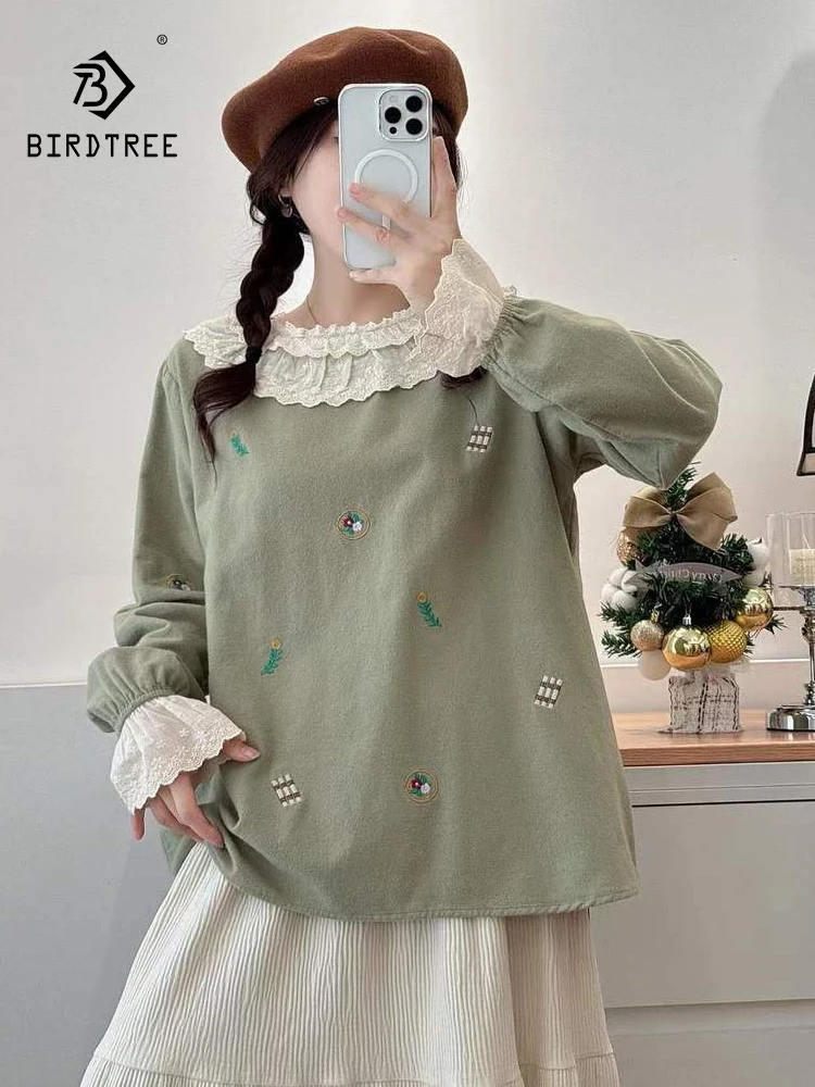 

New 2025 Autumn Cotton Long Sleeve Brushed Shirt, Women Stand Lace Embroidery, Mori Girl Age Reduction Loose Blouse T5O079CC