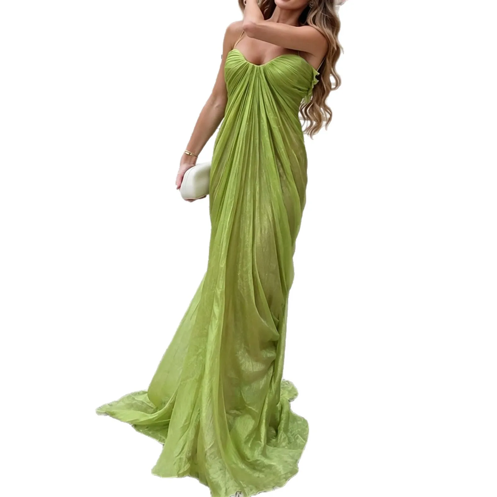 Sexy Backless Halter Dress Summer Maxi Dress with Ruffle Bustier Pleated Flowy Long Dresses