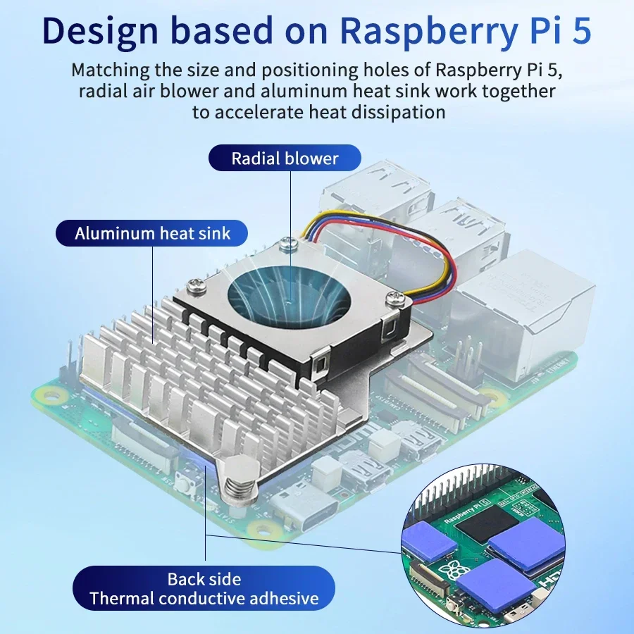 Radiador de computador de placa única, refrigerador ativo, dissipador de calor de alumínio, ventilador prateado/preto/azul para raspberry pi 5a geração