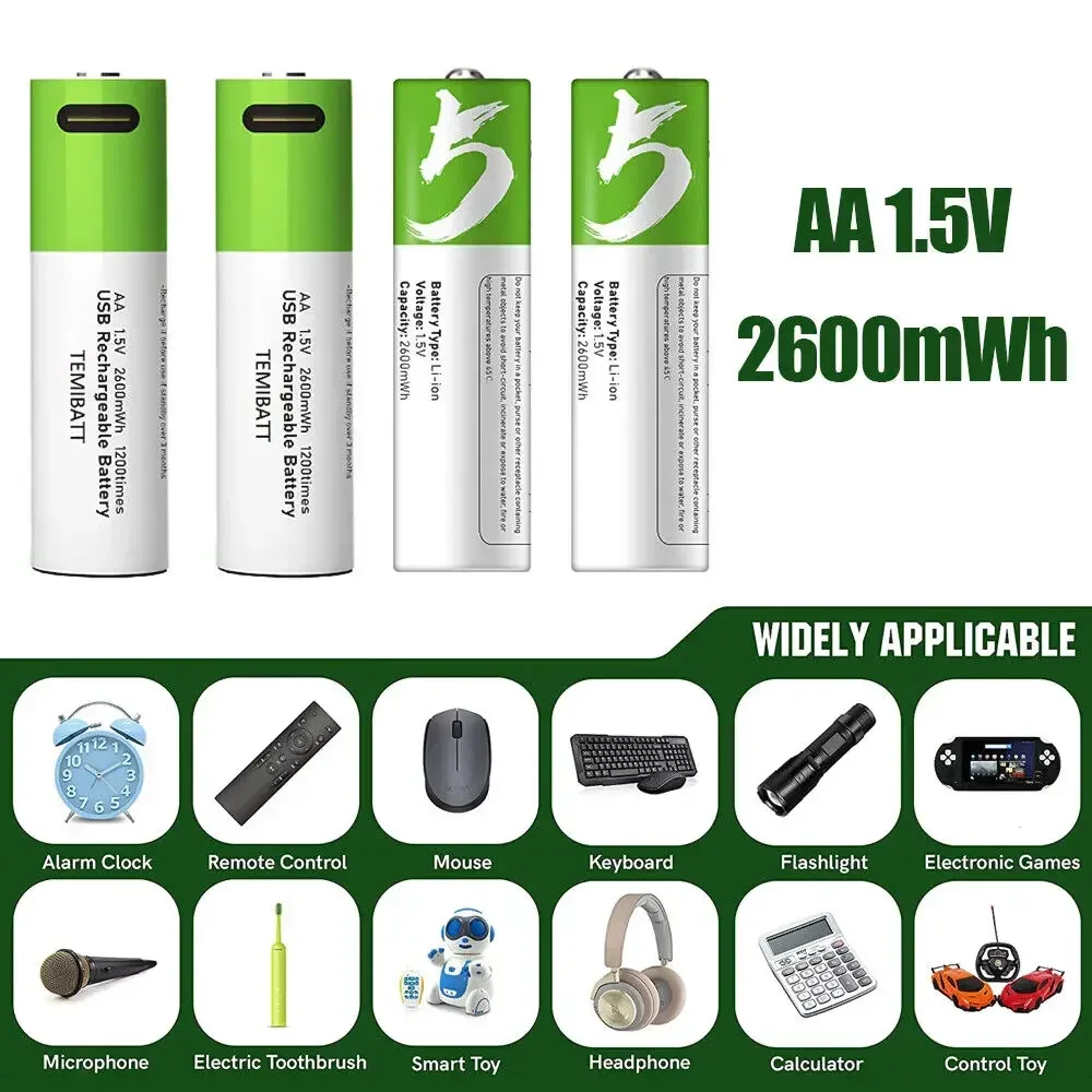 Original 1.5V AA USB Rechargeable Batteries 2600 MWh Li-ion Battery for Remote Control Mouse Electric Toy Battery