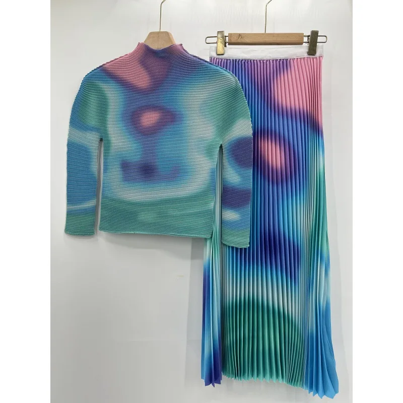 Miyake Pleated Women's Suit 2023 Winter New Tie Dye Printed Corn Pleated Long Sleeve Temperament Large Size Women's Dress Set