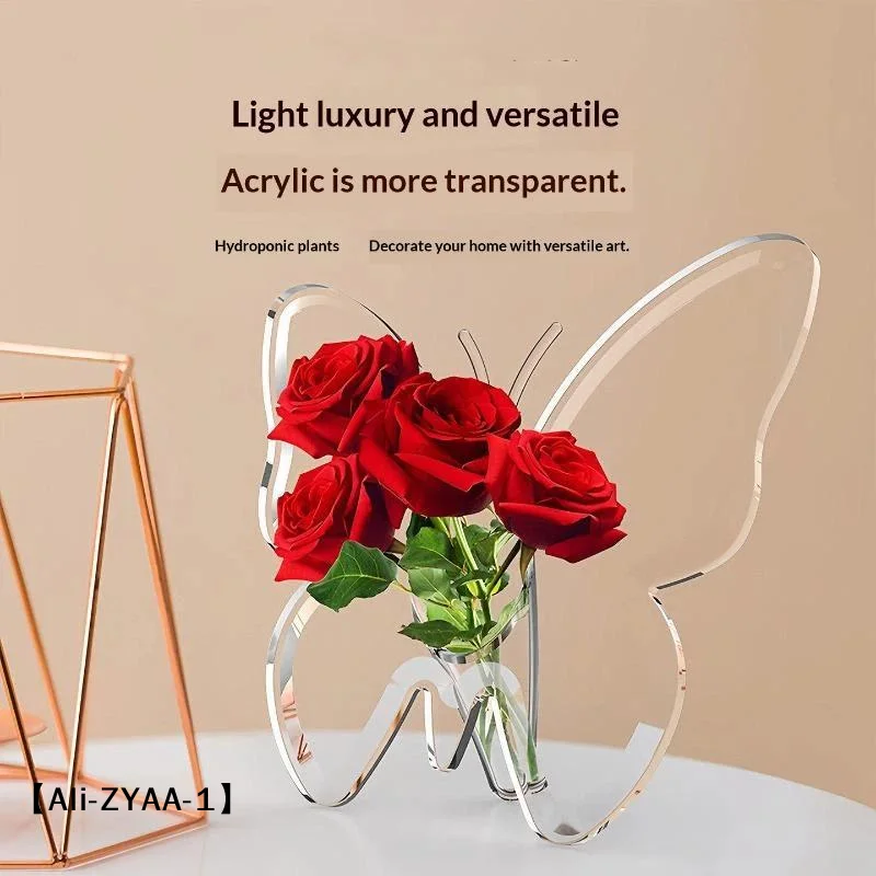 【A】Clear Acrylic Butterfly Shaped Vase High Transparent Finish For Home Hydroponic Flower Display Decor