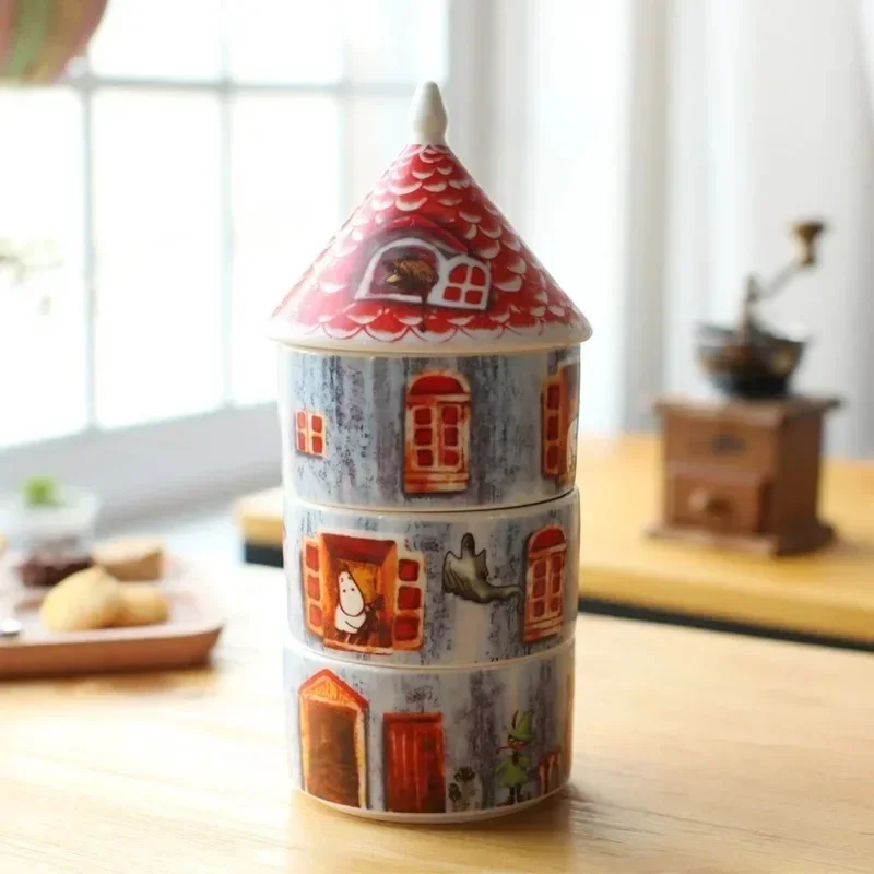 

Ceramic Freshness Bowl Cute Creative Seasoning Jar Storage Tank Candy Box 3-Layer Capping Europe Bowls