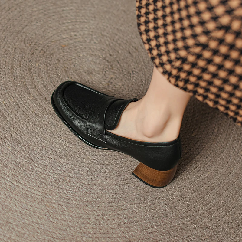 2023 Spring New High Heels Loafers Women Pumps Genuine Cow Leather Round Toe Platform Shoes Ladies Handmade Black Women Shoes