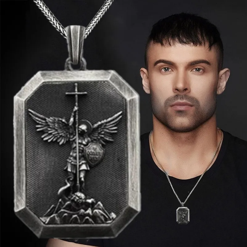 Fashion Stainless Steel St. Michael Angel Retro Necklace Hip Hop Necklace for Men Stainless Steel Jewelry Halloween Party Gift