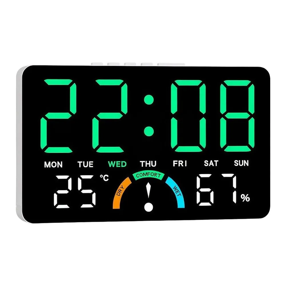 Stylish White LED Clock with Time Day Temperature Humidity Comfort Level Readout for For home Interior Decoration 160x33x100mm