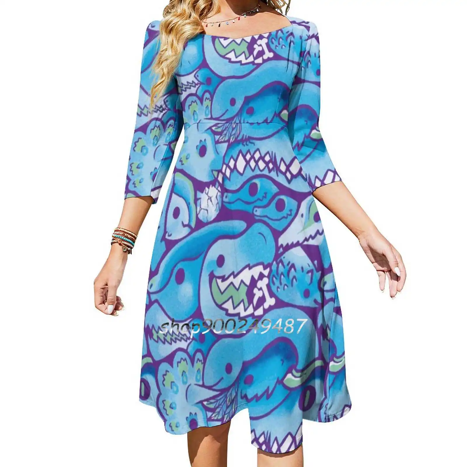 Dinosaur Pattern In Blue Square Neck Dress Sweet Summer Dress Women Elegant Halter Print Dress Dinosaur Dinosaurs Crowd Group