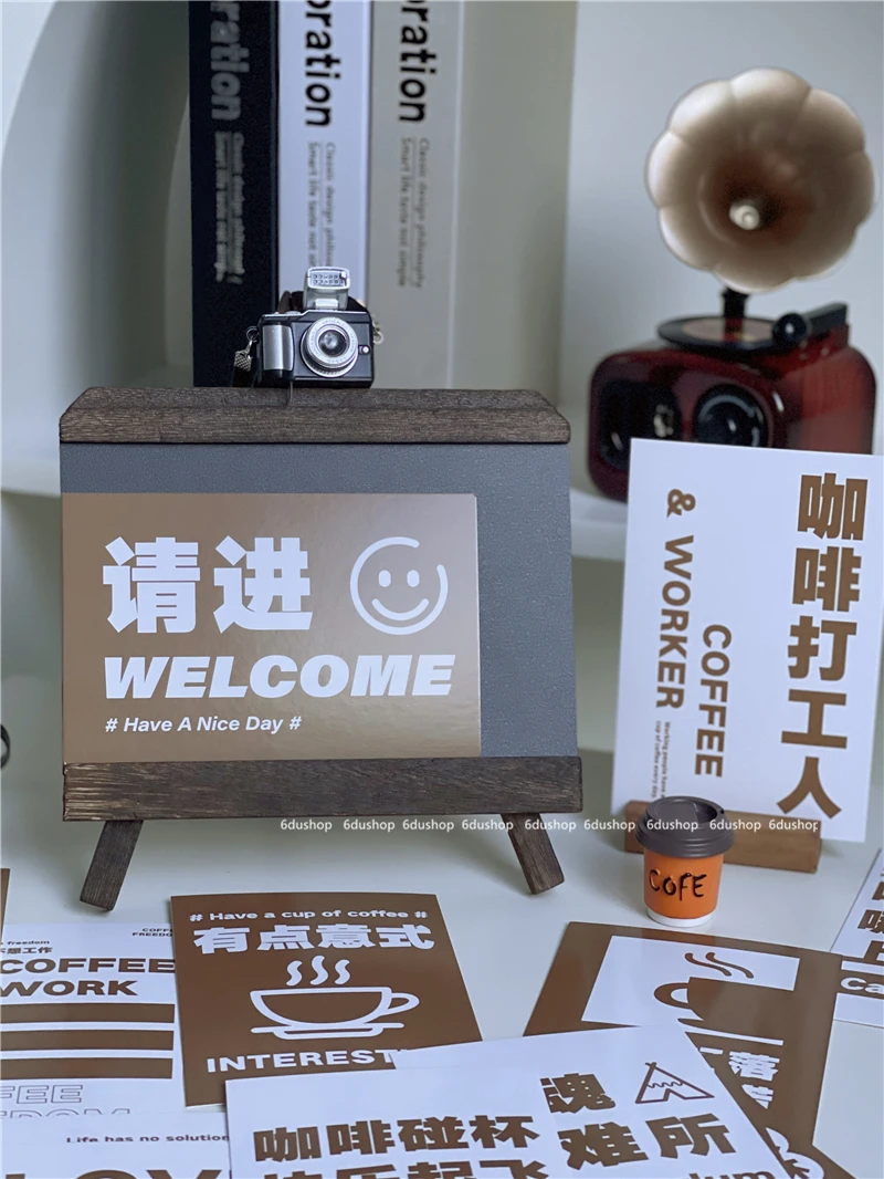 Vintage solid wood erasable handwritten blackboard desktop message board pull-out bracket coffee shop display board