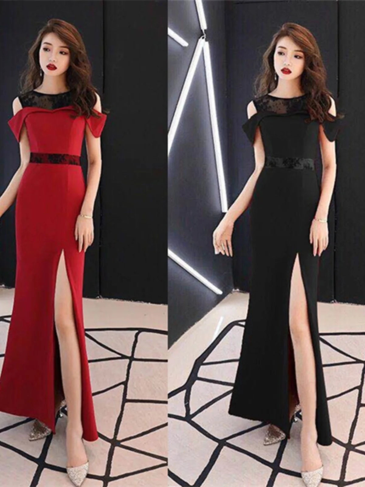 

2025 Новое сексуальное вечернее платье с оulder Bared Slim Fit Fi Tail Bla, длинное вечернее платье с разрезом, Sauna Work2020, высокая талия, молния, поли...