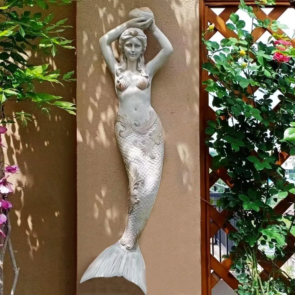 39'' High Mermaid Statue Wall Hanging Big Size Wall-Mounted Sculpture Wall Decoration Magnesium Oxide Indoor Outdoor Sculpture