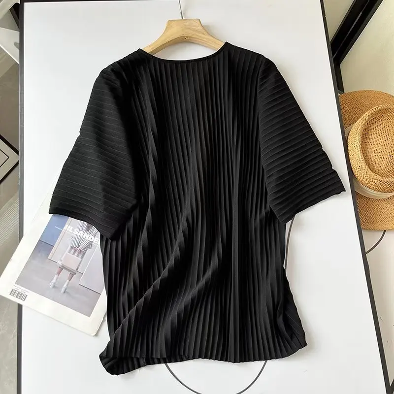 Dave&Di British Fashion Office Ladies Neck Zipper Loose  Round Pleated Top Black Casual Summer T-Shirt Women