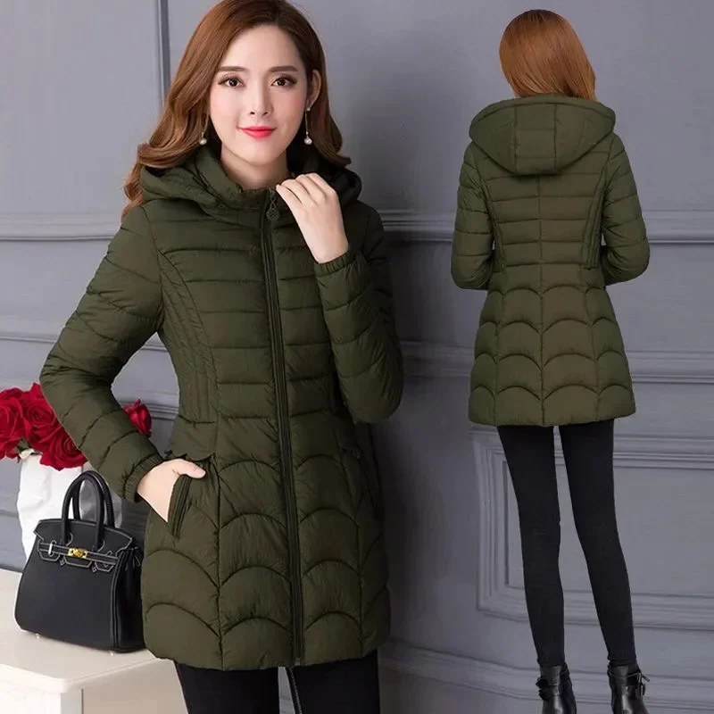 2024Fashion Middle Age Mother Slim Down Cotton Hooded Jacket Plus Size Casual Solid WarmThick Outwear Parka Winter Coat Women