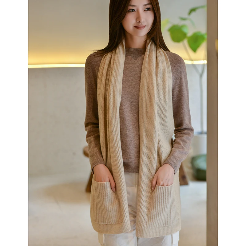 

MELILAMB Women's 100% Cashmere Scarf Knitted Thick Neck Warm Pocket Rectangular Shawl Fashion High Quality Winter Accessory