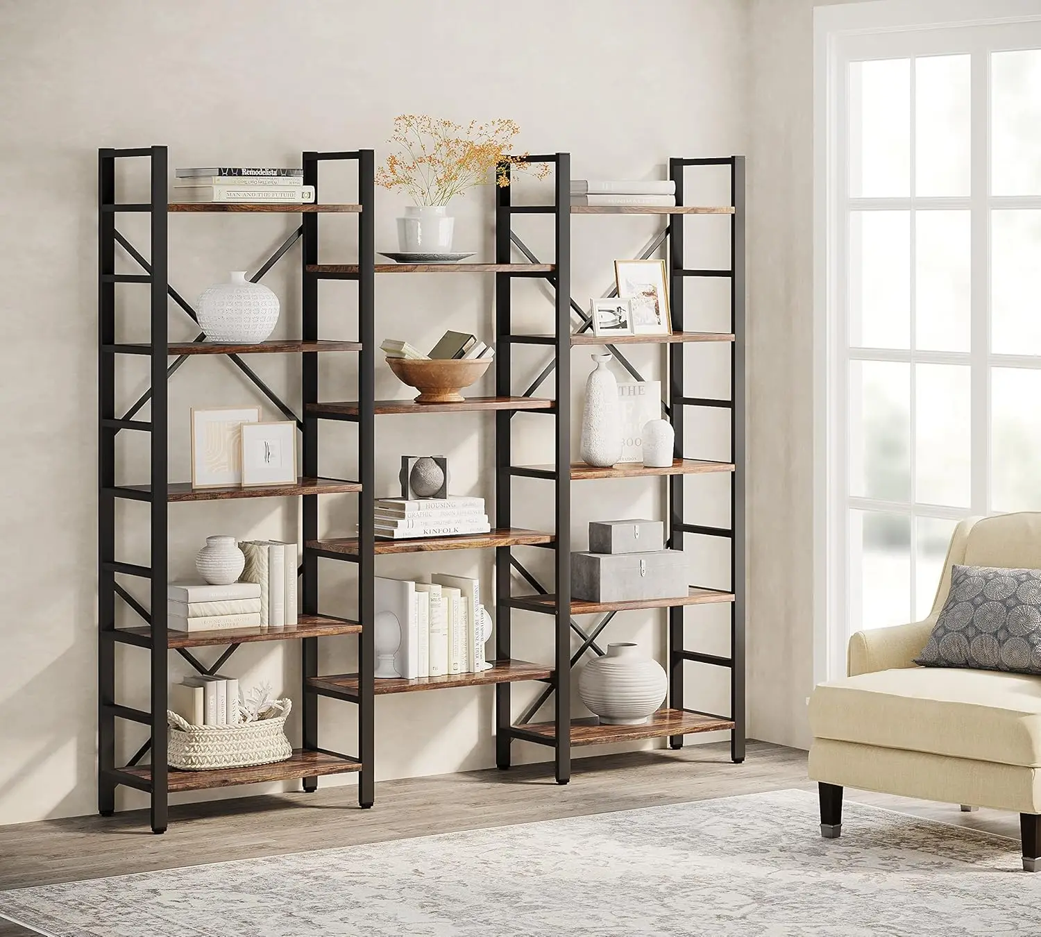 Triple Wide 5-Shelf Bookcase, Large Open Bookshelf Vintage Industrial Style Shelves Wood and Metal bookcases Furniture