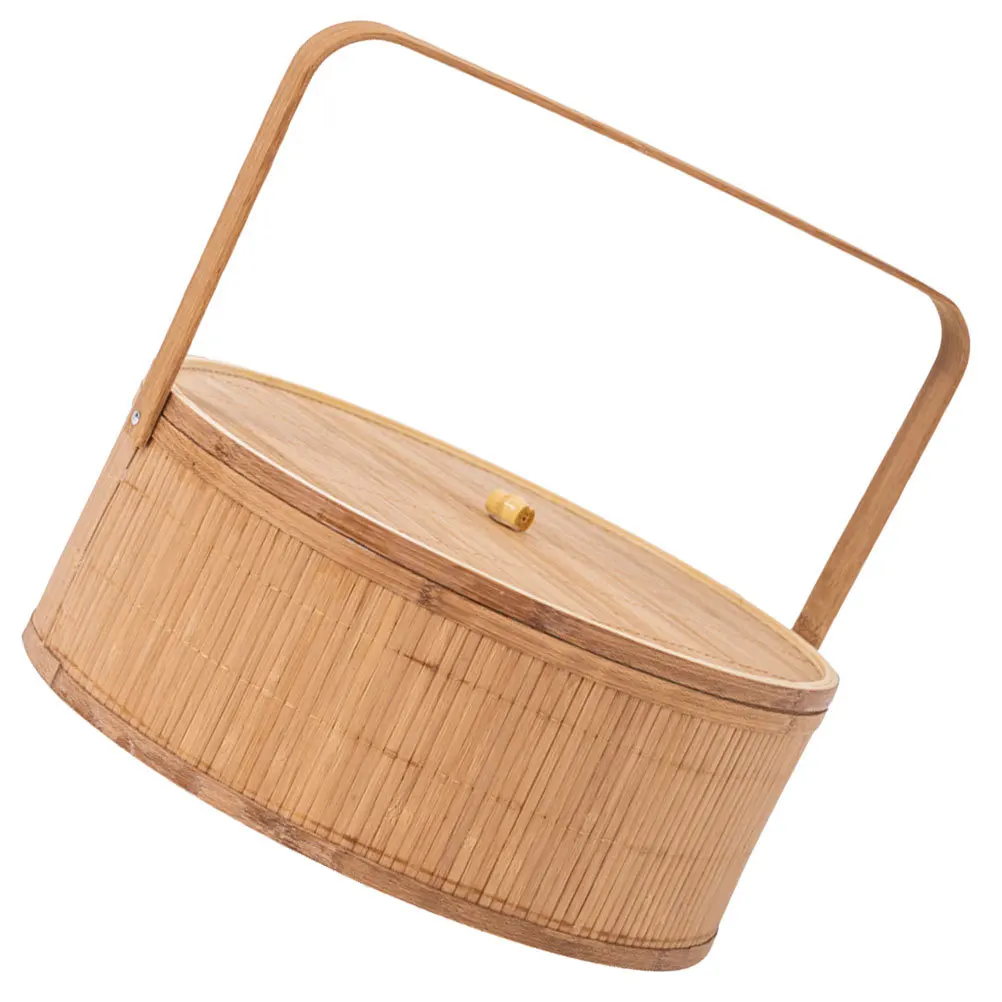 

1pcs Handled Bamboo Storage Basket With Lid Woven Picnic Basket For Fruit Vegetable Organizer Outdoor Camping Sundries