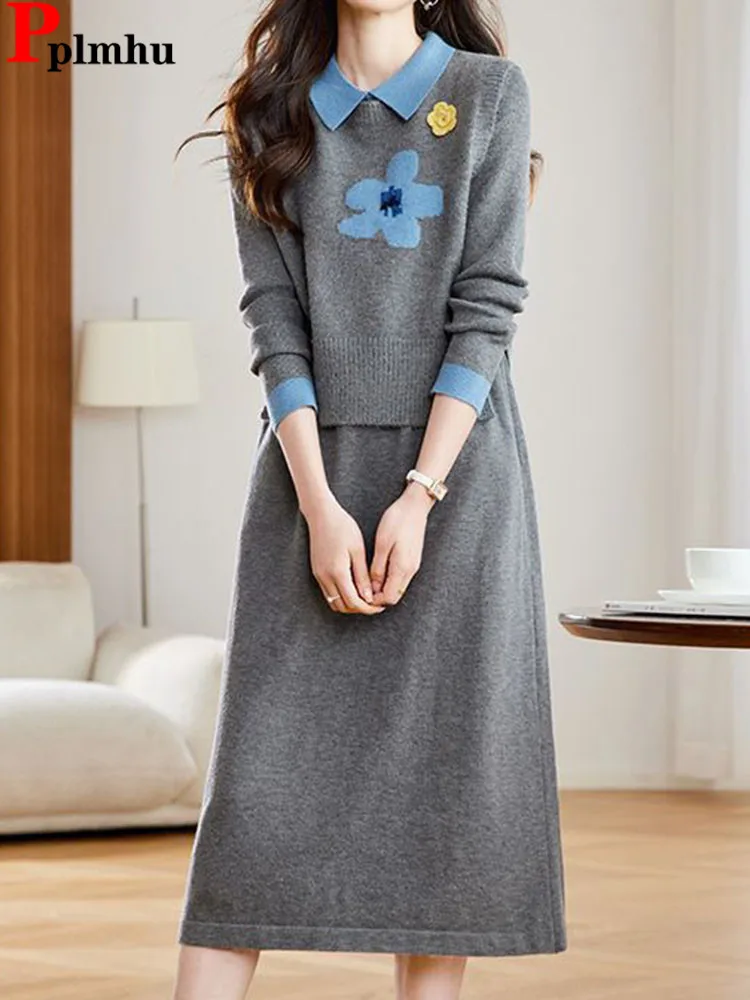 

Осень-зима, милые комплекты из 2 предметов, женский свитер с лацканами и цветочным дизайном, пуловер Conjuntos, корейская мода, юбки с высокой талией, наряд