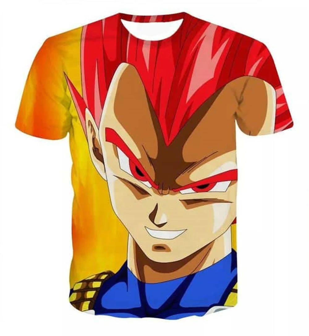 Japanisches Anime Dragon Ball Z bedrucktes Vegeta Super Saiyan Red God T-Shirt mit lebendigem Aufdruck, modische Cosplay-Oberteile für Kinder und Erwachsene
