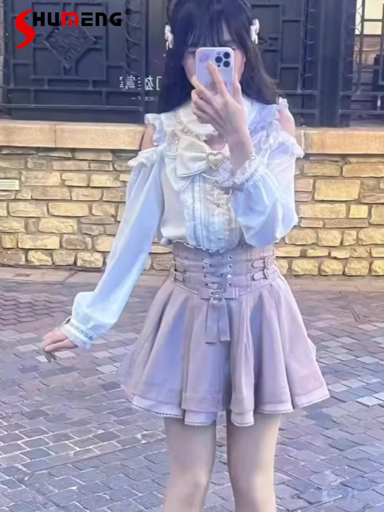 

Японская милая элегантная рубашка принцессы с бантом и открытыми плечами, блузка с длинными рукавами и высокой талией, короткие юбки трапециевидной формы, комплект из двух предметов для женщин