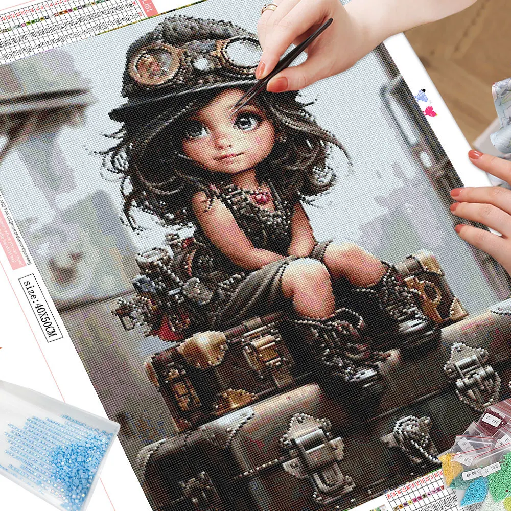 HUACAN Diamond Painting Cartoon Girl AB Drill Mosaic Vintage Machinery 5D DIY Home Decorative Gift