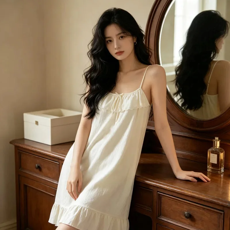 Women's Ivory Lace Trim Flounce Strap Nightgown with Built-In Pads, Sleeveless Lounge Dress