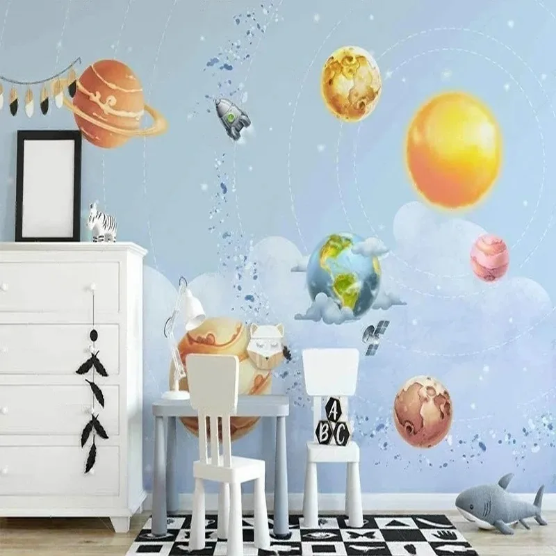 Wall Mural Hand-Painted Cartoon Space Planets Clouds Pattern Kids Room Wallpaper Wall Covering for Nursery Bedroom Papier Peint