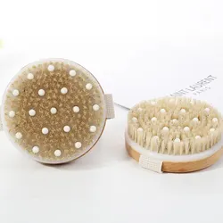 Hog Bristle Bath Brush Massage Back Rub Hand Held Nylon Soft Hair Shower Dry Brush Wooden Round Bath Scrubber