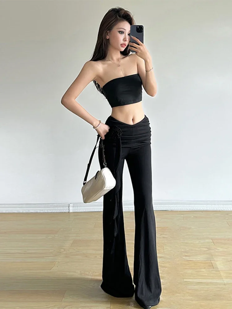 Women Black Gothic Baggy Flare Pants Vintage Y2k Pants Harajuku Japanese 2000s Style High Waist Trousers Emo 2000s Clothes 2025