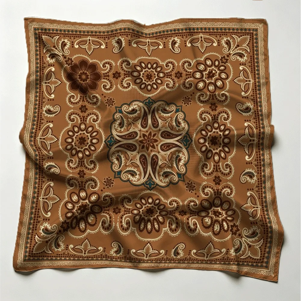 Brown Boho Paisley Floral Bandana Women Border Print Square Scarf, Stylish Multi-use Accessory Gift