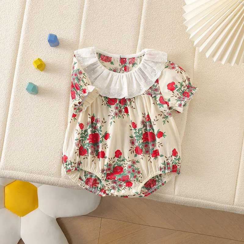 MILANCEL New Summer Baby Bodysuit 3-24M Sweet Floral Girls Jumpsuit Lace Collar Flower Toddler One Piece Infant Clothes