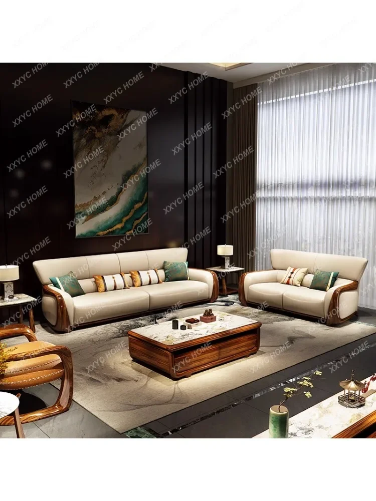 

Ugyen Wood Layer Leather Sofa Modern New Chinese Large Apartment Solid Wood Green Sofa